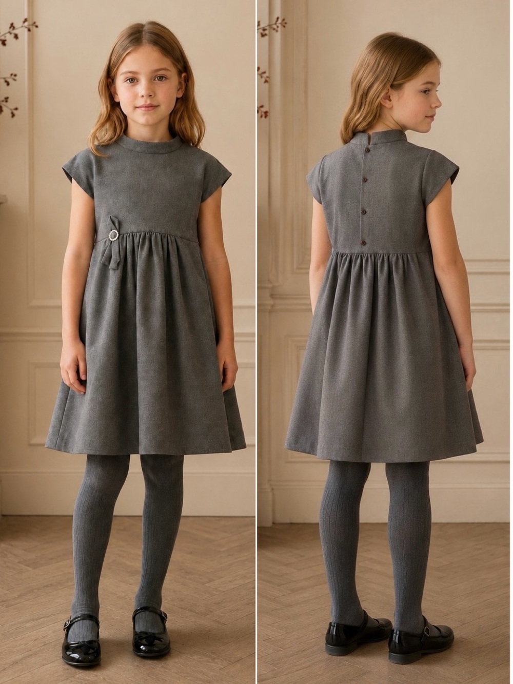 Bonpoint Gray Wool Empire Waist Cap Sleeve Dress with Jeweled Bow | Size 10